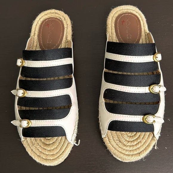 COACH Devon Espadrille Sandal Leather Slip On Slide Shoe Black White Sz 5 NEW - Picture 1 of 13